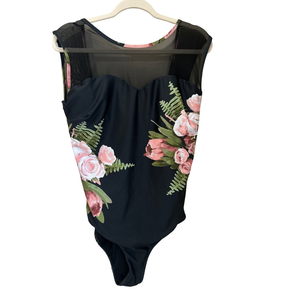 Albion Fit Womens XXL Maria One-Piece Swimsuit Carolina Black Floral Mesh Neck